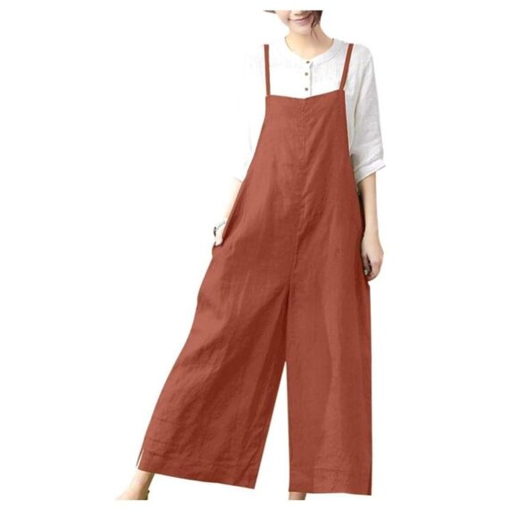 YESNO Rust Colored Wide Leg Baggy Cotton Romper - Size Small - Picture 2 of 4